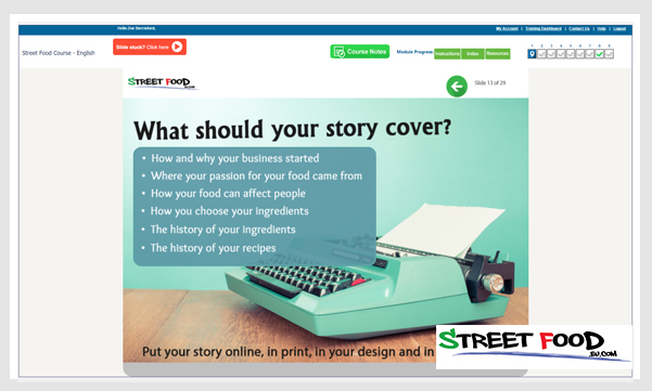 Example screenshot of the street food course